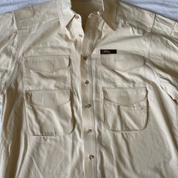 Orvis Mens Beige Long Sleeve Button-Up Shirt Utility Pockets Size L Hunting 100% - Picture 3 of 12